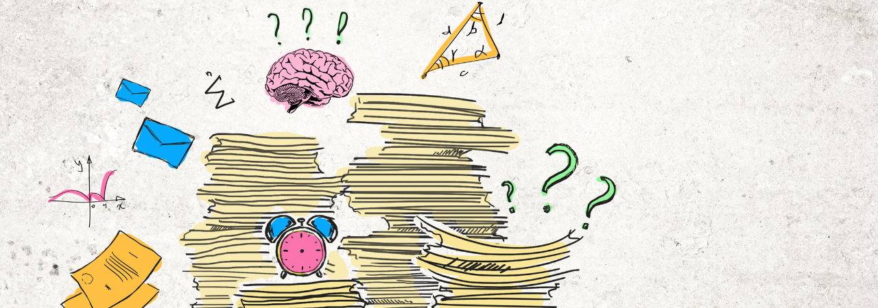 Cartoon doodle style image showing stacks of paper, question marks, alarm clock, brain, formula and money, giving the overall impression of stress