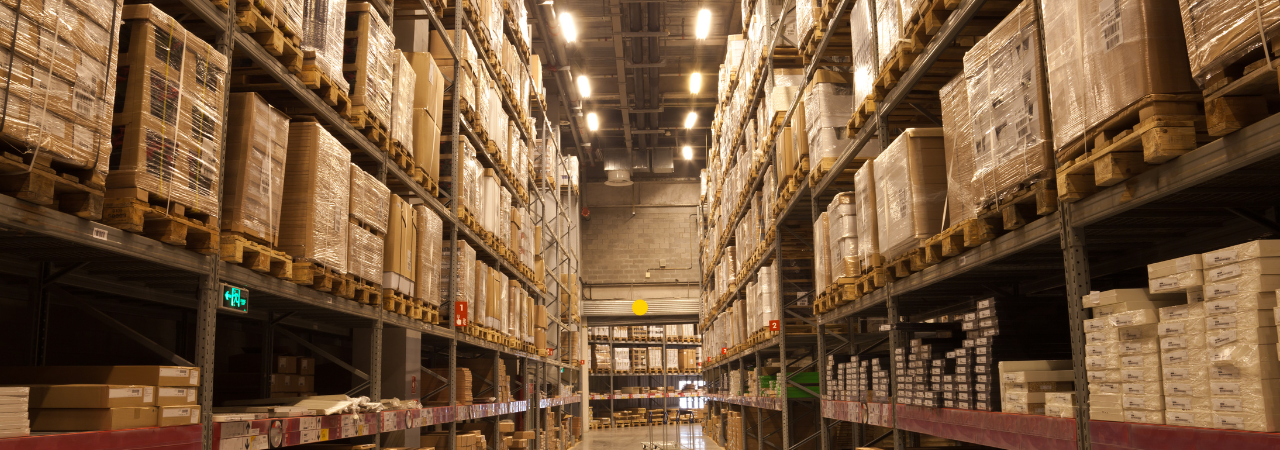 warehouse shelves shown in soft yellow lighting