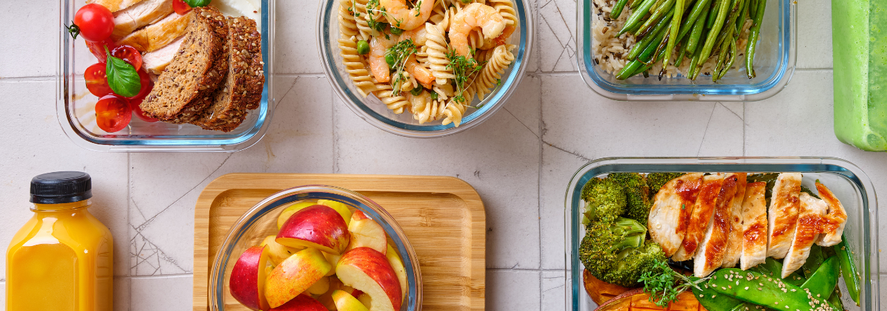 Close up of meal prep in glass dishes