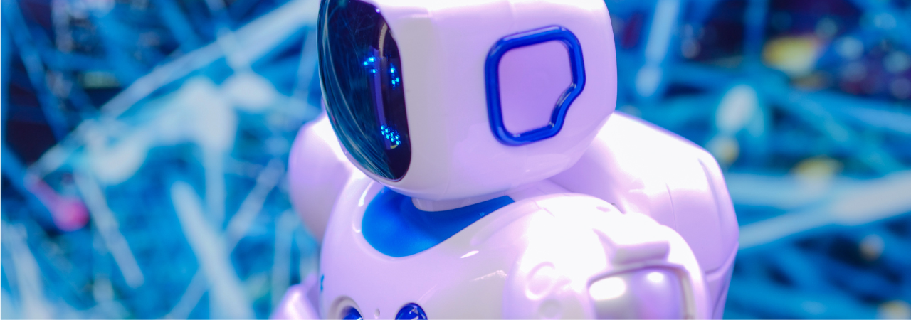 close up of futuristic robot against blurry blue wires background