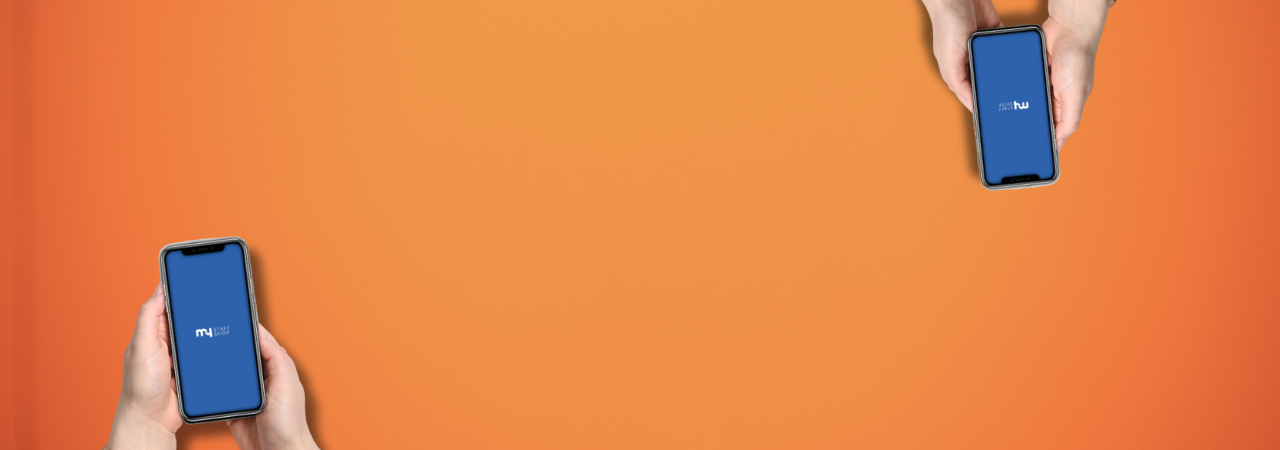 orange background with two sets of hands holding a smart phone open to the My Staff Shop app